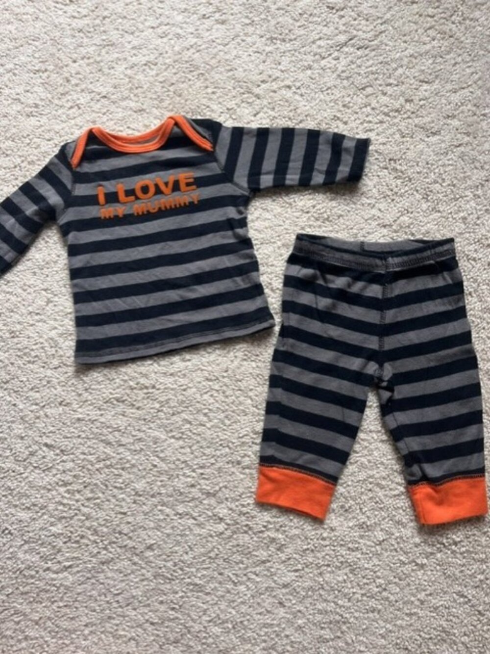 Carter’s Baby 2-Piece Outfit Set "I Love My Mummy" Gray & Navy Striped Size 3 Mo